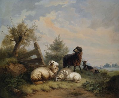 Ovejas, carnero y cabra en la cerca de Wilhelm Melchior